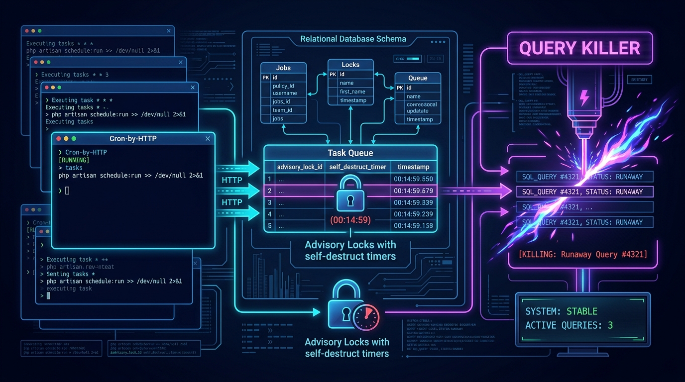 Keeping Long-Running Work Alive on a Web Tier: Cron-by-HTTP, Advisory Locks, and a Query Killer