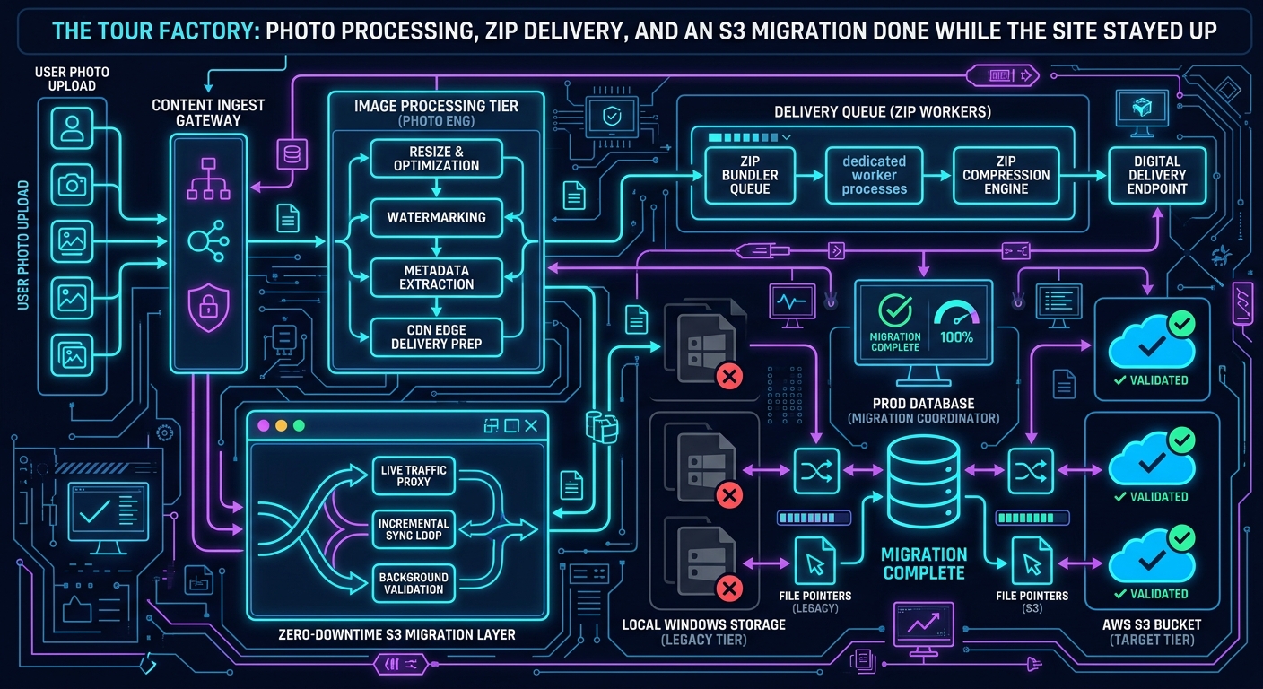 The Tour Factory: Photo Processing, Zip Delivery, and an S3 Migration Done While the Site Stayed Up